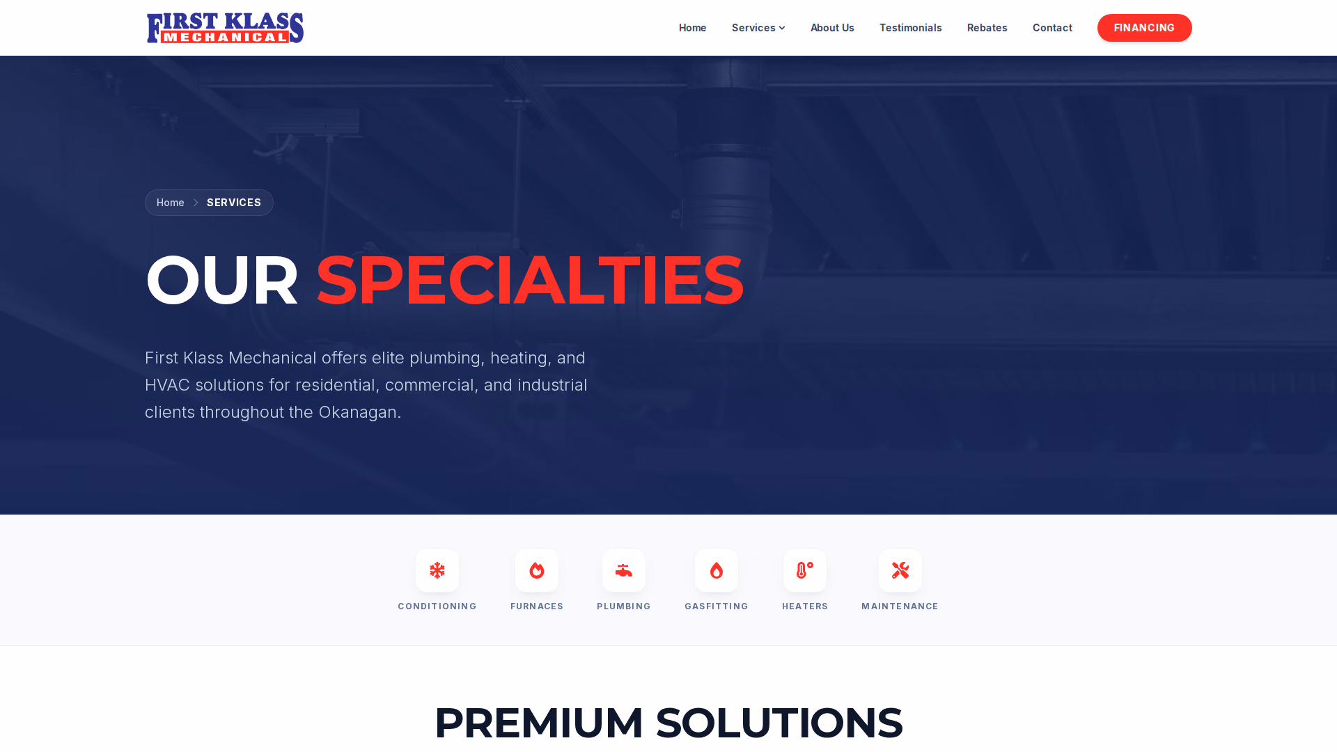 First Klass Mechanical services page (desktop)
